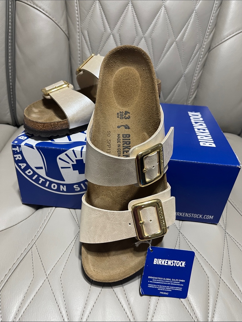 Birkenstock Graceful Pearl White Sydney Cushion Buckle Sandal with Gold Buckles - Picture 11 of 14